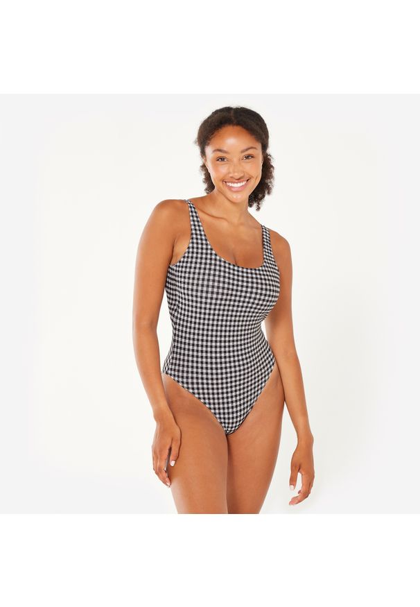 OLAIAN - Kostium kąpielowy jednoczęściowy surfingowy damski Olaian Aurely Vichy tekstur.. Kolor: czarny. Materiał: poliester, poliamid, materiał, elastan