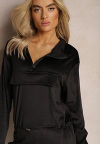 Renee - Czarny Komplet Dresowy Welurowy z Kieszeniami z Klapami Bluza i Spodnie Amarillis. Kolor: czarny. Materiał: welur, dresówka. Sport: turystyka piesza