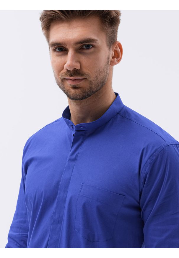 Niebieska koszula Ombre Clothing ze stójką, z długim rękawem, w jednolite wzory