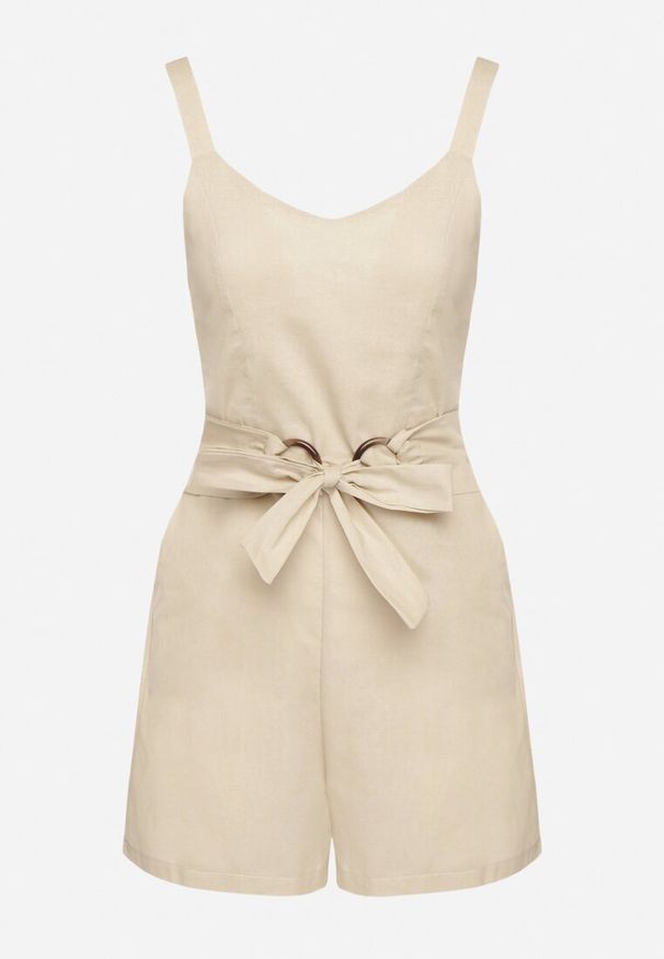 Born2be - Beżowy Bawełniany Kombinezon na Regulowanych Ramiączkach z Paskiem w Talii Telnea. Okazja: na co dzień. Kolor: beżowy. Materiał: bawełna. Długość rękawa: na ramiączkach. Sezon: lato. Styl: casual, elegancki