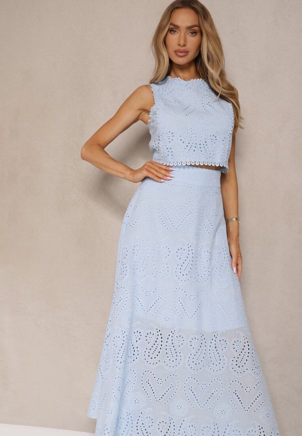 Renee - Niebieski Ażurowy Komplet z Haftowanej Tkaniny Top i Spódnica Salamira. Kolor: niebieski. Materiał: tkanina. Wzór: ażurowy, haft