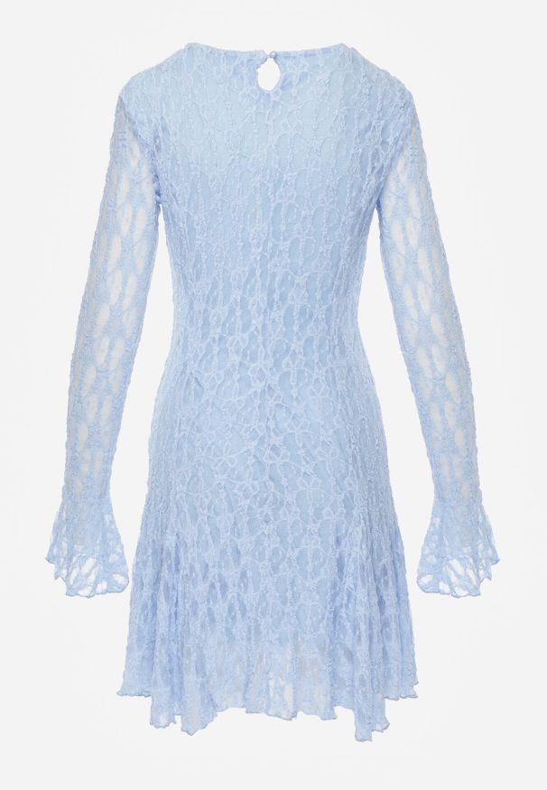 Born2be - Niebieska Sukienka Koronkowa z Rozkloszowanymi Rękawami Cinatea. Okazja: na co dzień. Typ kołnierza: kokarda. Kolor: niebieski. Materiał: koronka. Typ sukienki: proste. Styl: casual