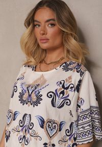 Renee - Niebieski Wiskozowy Komplet w Orientalny Print Szerokie Spodnie i T-shirt Pollialia. Kolor: niebieski. Materiał: wiskoza. Wzór: nadruk
