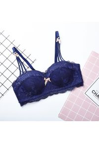 Intica - Biustonosz balkonetka push-up koronkowy z kokardkami Hafize. Kolor: niebieski. Materiał: koronka. Rodzaj stanika: push-up
