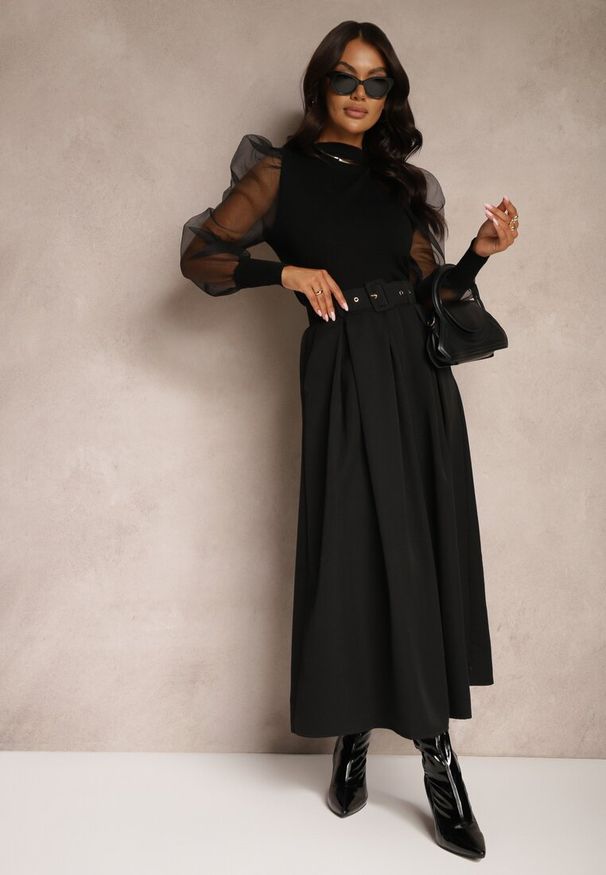 Renee - Czarna Spódnica z Wiskozą o Rozkloszowanym Kroju z Paskiem i Gumką w Talii Prianna. Okazja: na co dzień. Kolor: czarny. Materiał: wiskoza. Sezon: wiosna, lato. Styl: casual, elegancki, klasyczny