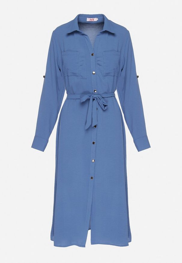 Born2be - Niebieska Koszulowa Sukienka z Materiałowym Paskiem Vivinara. Okazja: na imprezę, na co dzień. Kolor: niebieski. Materiał: materiał. Typ sukienki: koszulowe. Styl: elegancki, casual