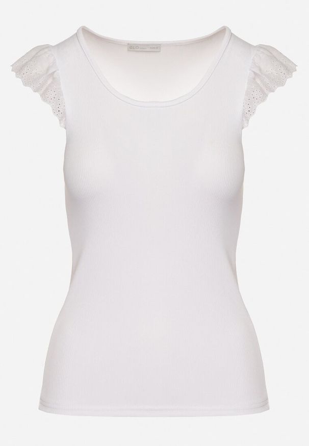 Born2be - Biały Top z Ażurowymi Falbankami Bez Rękawów Sonnelle. Okazja: na co dzień. Typ kołnierza: kołnierz z falbankami. Kolor: biały. Materiał: jeans. Długość rękawa: bez rękawów. Wzór: ażurowy. Styl: klasyczny, elegancki, casual