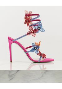 RENE CAOVILLA - Różowe sandały na szpilce z aplikacjami Floriane. Nosek buta: okrągły. Zapięcie: pasek. Kolor: różowy, wielokolorowy, fioletowy. Materiał: koronka, satyna. Wzór: aplikacja. Obcas: na szpilce. Wysokość obcasa: średni #3