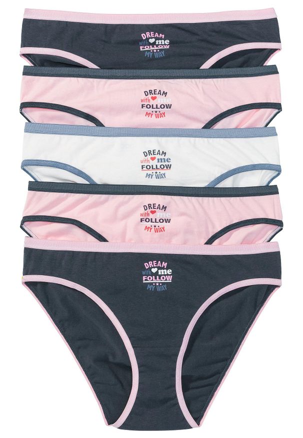 bonprix - Figi z bawełną (5 par). Kolor: niebieski. Materiał: bawełna, skóra, materiał. Wzór: nadruk