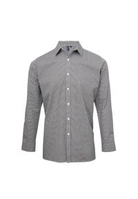 PREMIER - Męska Koszula Z Długim Rękawem Gingham Micro Checked. Kolor: biały, wielokolorowy, czarny. Długość rękawa: długi rękaw. Długość: długie