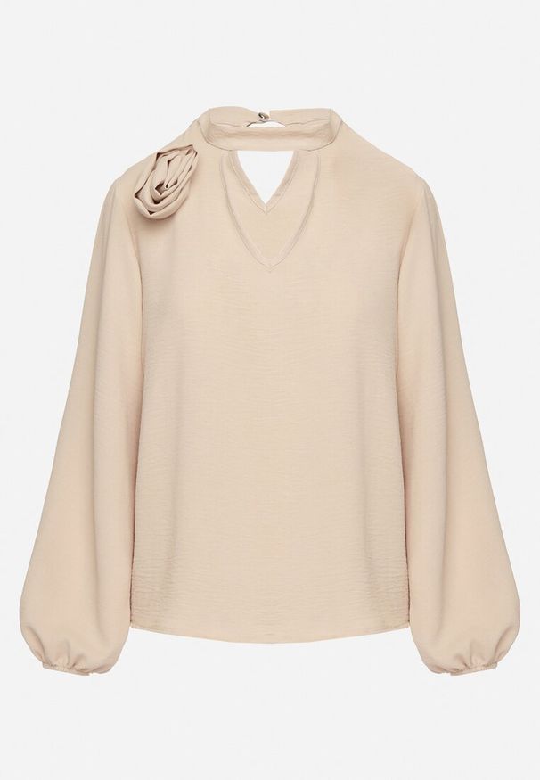 Born2be - Beżowa Bluzka z Ozdobnym Dekoltem Gomi. Kolor: beżowy. Długość rękawa: długi rękaw. Długość: długie. Wzór: kwiaty