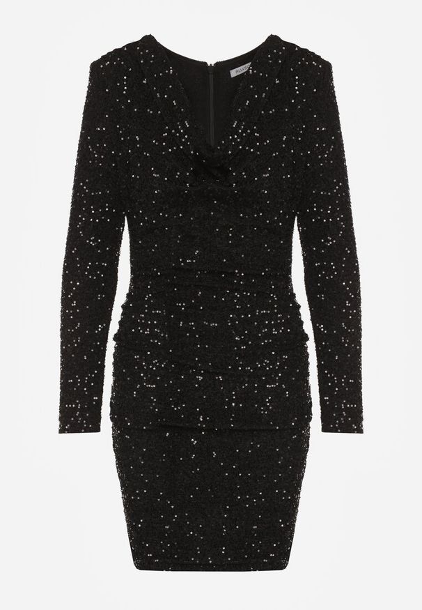 Born2be - Czarna Dopasowana Sukienka Wieczorowa z Lejącym Dekoltem i Cekinami Siwedea. Okazja: na wesele, na ślub cywilny. Kolor: czarny. Materiał: poliester. Długość rękawa: długi rękaw. Wzór: aplikacja. Styl: wizytowy