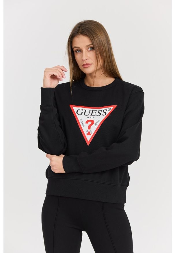 Guess - GUESS Czarna damska bluza z dużym logo Original Fleece, Rozmiar L. Okazja: na co dzień. Kolor: czarny. Materiał: bawełna, materiał. Styl: casual