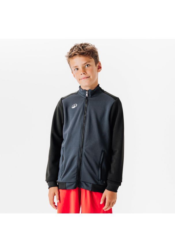 KIPSTA - Bluza piłkarska Kipsta Essential trening. Typ kołnierza: komin. Kolor: czarny, szary, wielokolorowy. Materiał: materiał, prążkowany, poliester, tkanina, elastan. Sport: piłka nożna, fitness