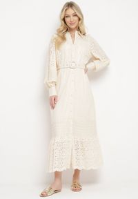 Born2be - Beżowa Koszulowa Sukienka z Lnu i Wiskozy z Paskiem w Komplecie z Ażurowym Zdobiebiem Eleces. Okazja: na co dzień, na imprezę. Kolor: beżowy. Materiał: wiskoza, len. Długość rękawa: długi rękaw. Wzór: ażurowy. Typ sukienki: koszulowe. Styl: casual, elegancki #6