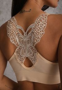 Renee - Beżowy Biustonosz na Szerokich Ramiączkach z Koronką w Cyrkonie Caduria. Kolor: beżowy. Materiał: koronka. Rodzaj stanika: wyciągane miseczki. Wzór: koronka #2