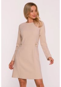 Stylove - Elegancka sukienka trapezowa z patkami w talii beżowa. Okazja: na co dzień, na imprezę. Typ kołnierza: typu klepsydra. Kolor: beżowy, niebieski, brązowy. Wzór: aplikacja, gładki. Typ sukienki: trapezowe. Materiał: poliester, wiskoza, tkanina. Długość rękawa: długi rękaw. Styl: elegancki. Długość: mini #7