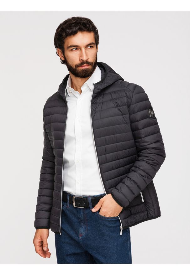 Ombre Clothing - Ultralekka męska kurtka z naturalnym puchem z możliwością schowania w worek – czarna V1 - Rozmiar: S. Kolor: czarny. Materiał: puch. Wzór: aplikacja. Styl: sportowy, elegancki