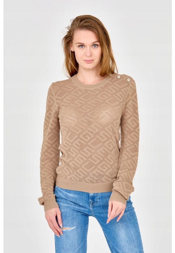 Guess - GUESS Beżowy damski sweterek dzianinowy, Rozmiar XL. Kolor: beżowy. Materiał: wiskoza, dzianina