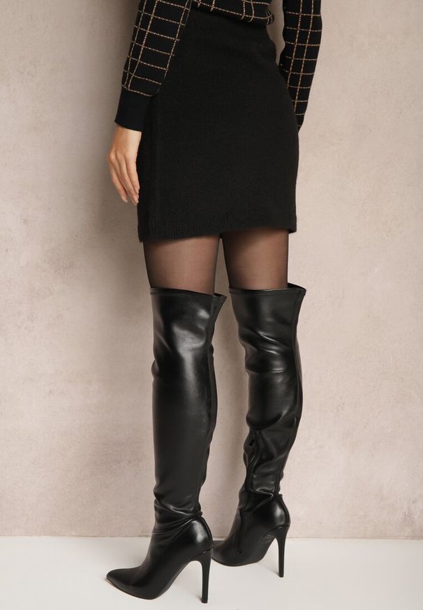 Renee - Czarna Prosta Spódnica z Dzianiny z Domieszką Wełny z Gumką w Talii Parilae. Okazja: na co dzień. Kolor: czarny. Materiał: dzianina, wełna. Styl: elegancki, casual
