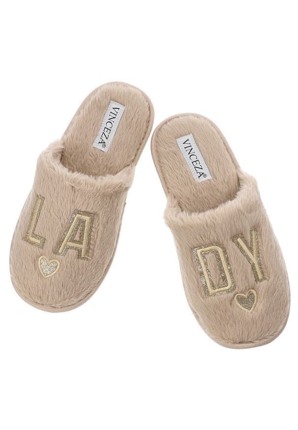 Kapcie damskie Vinceza, pantofle ocieplane z futerka z ozdobami, beżowe, 19958-BE. Okazja: na co dzień, do domu. Kolor: beżowy. Materiał: futro. Wzór: aplikacja. Styl: casual, klasyczny, wizytowy