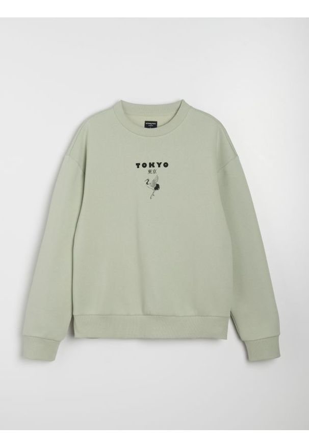 Sinsay - Bluza crewneck z nadrukiem comfort - zielony. Kolor: zielony. Wzór: nadruk