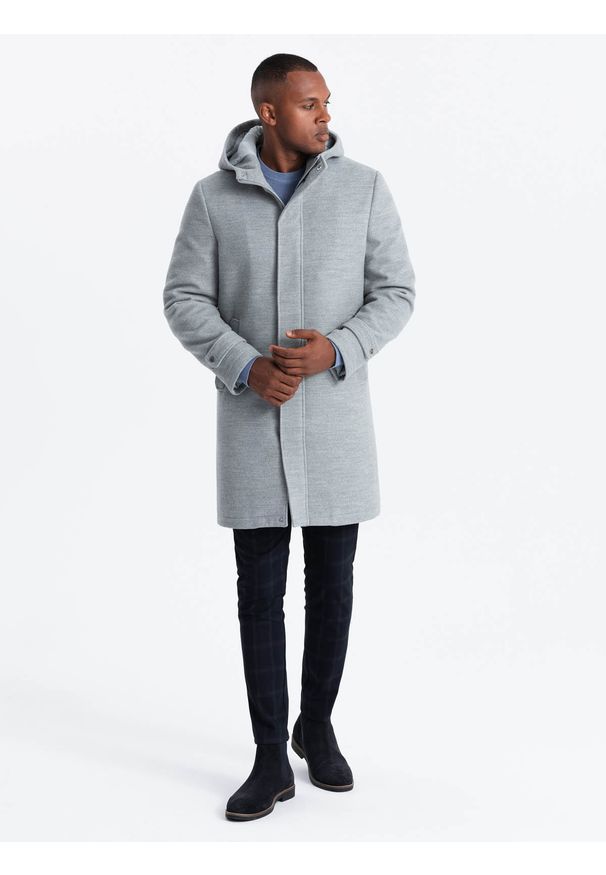 Ombre Clothing - Monochromatyczny długi męski płaszcz z kapturem – szary melanż V1 - Rozmiar: S. Okazja: na co dzień. Typ kołnierza: kaptur. Kolor: szary. Materiał: wiskoza, tkanina, poliester, materiał, syntetyk. Długość: długie. Wzór: melanż. Styl: wizytowy, casual, elegancki