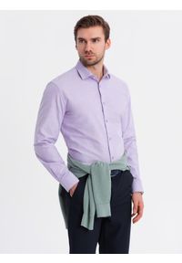 Ombre Clothing - Bawełniana męska pastelowa koszula typu oxford – lawendowa V2. Kolor: fioletowy. Materiał: bawełna. Wzór: aplikacja, ze splotem. Styl: klasyczny, elegancki #4