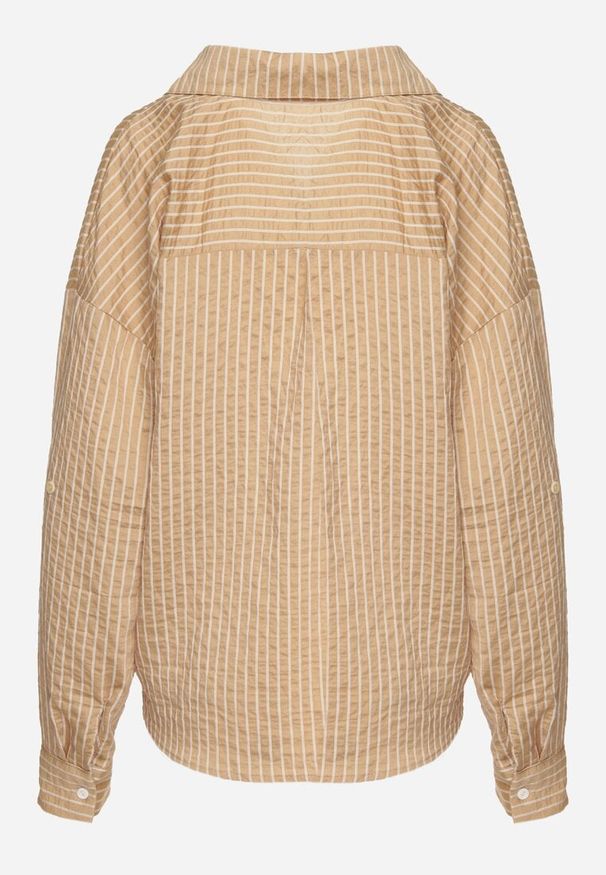 Born2be - Beżowa Koszula z Bawełną w Paski z Przeplatanym Dołem Merinewe. Okazja: na co dzień, na spotkanie biznesowe. Kolor: beżowy. Materiał: bawełna. Długość rękawa: długi rękaw. Długość: długie. Wzór: paski. Styl: klasyczny, casual, biznesowy, elegancki