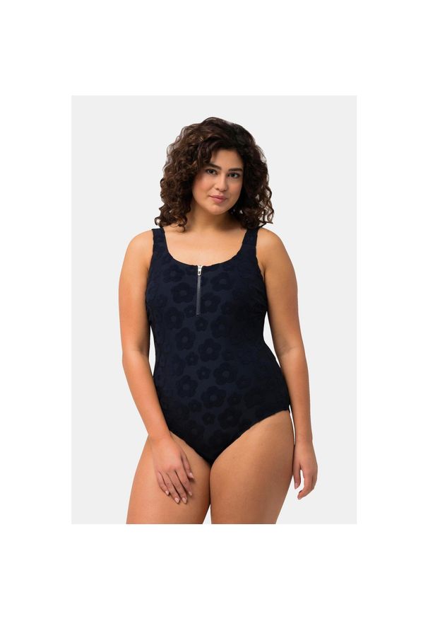 ULLA POPKEN - Damski Kostium kąpielowy faktura w kwiatki zamek błyskawiczny. Kolekcja: plus size. Kolor: niebieski. Materiał: poliester, elastan, poliamid, materiał. Wzór: kwiaty