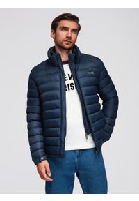 Ombre Clothing - Męska pikowana kurtka z dwoma zapięciami - granatowa V1 - Rozmiar: L. Okazja: na co dzień. Kolor: niebieski. Materiał: tkanina, poliester, nylon, materiał. Wzór: gładki, aplikacja. Styl: casual, elegancki, klasyczny