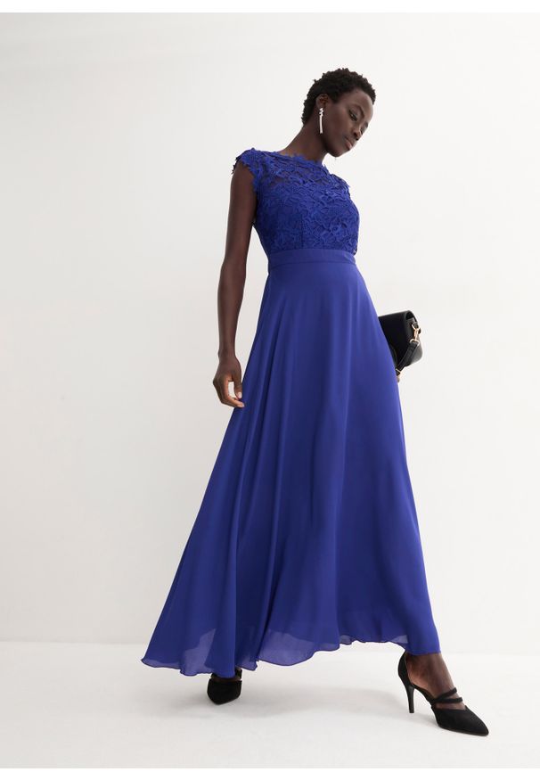 bonprix - Długa sukienka wieczorowa z koronką. Kolor: niebieski. Materiał: koronka. Wzór: koronka. Styl: wizytowy. Długość: maxi
