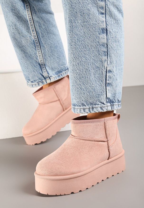 Born2be - Różowe Krótkie Śniegowce na Platformie Lysindra. Kolor: różowy. Materiał: jeans, zamsz, futro, wełna. Sezon: zima. Obcas: na platformie. Styl: klasyczny, elegancki