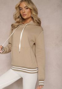 Renee - Beżowa Bluza Kangurka z Bawełny ze Ściągaczami w Paski i Kapturem Gaiana. Typ kołnierza: kaptur. Kolor: beżowy. Materiał: bawełna. Długość rękawa: długi rękaw. Długość: długie. Wzór: paski
