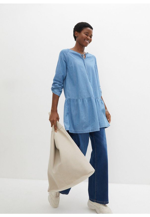 bonprix - Tunika z denimu, z falbaną i długim rękawem, z bawełny organicznej. Kolor: niebieski. Materiał: bawełna, denim. Długość rękawa: długi rękaw. Długość: długie