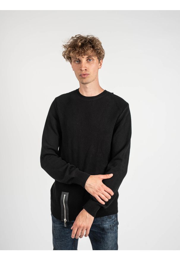 Les Hommes Sweter | LKK110 607L | Jumper With Zip | Mężczyzna | Czarny. Okazja: na co dzień. Kolor: czarny. Materiał: bawełna. Wzór: aplikacja. Styl: casual
