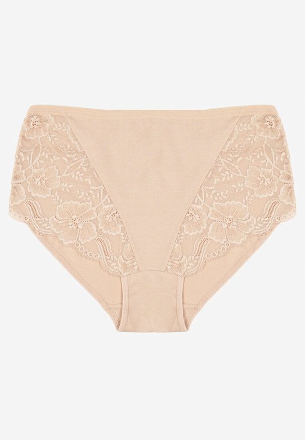 Renee - Beżowe Majtki Figi z Bawełny Zdobione Koronką Idiara. Kolekcja: plus size. Kolor: beżowy. Materiał: koronka, bawełna. Wzór: koronka, aplikacja