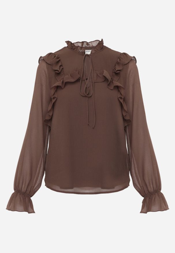 Born2be - Brązowa Romantyczna Bluzka z Falbankami i Wiązaniem przy Dekolcie Zeaniyana. Okazja: na spacer, na co dzień, na spotkanie biznesowe. Typ kołnierza: kołnierz z falbankami. Kolor: brązowy. Materiał: poliester, jeans. Styl: casual, biznesowy