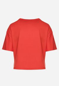 Born2be - Czerwony T-shirt Ściągany na Dole Troczkiem z Cyrkoniami i Nadrukiem Moasstra. Kolor: czerwony. Materiał: dzianina. Wzór: nadruk. Sezon: lato #2