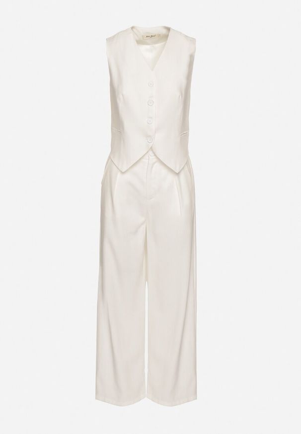 Born2be - Biały Komplet Garniturowy z Wiskozy Spodnie i Kamizelka Sorveia. Kolor: biały. Materiał: wiskoza