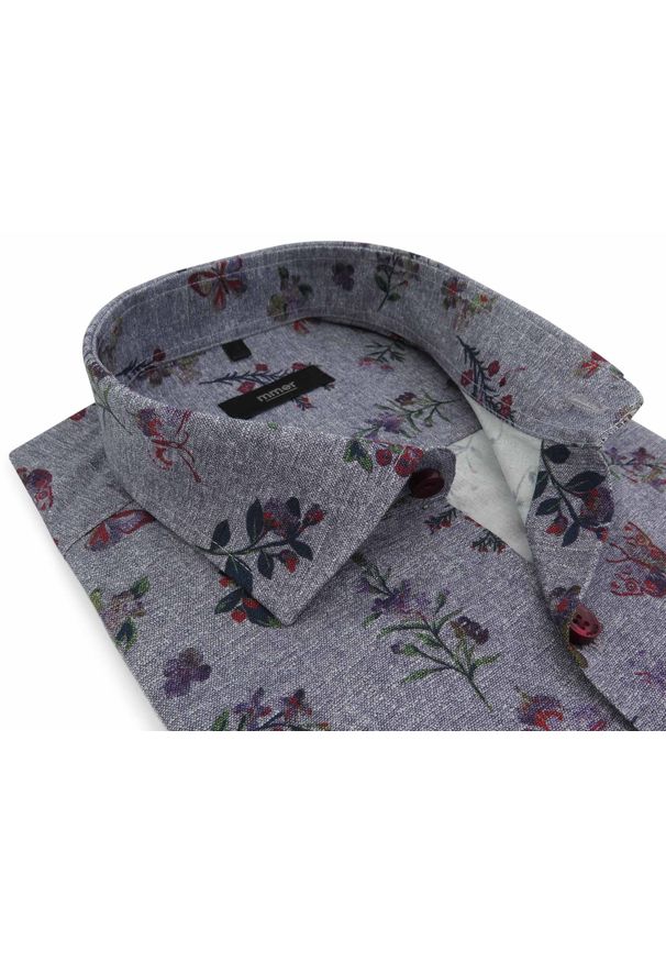 Mmer / Villaro - Koszule męskie - Szara koszula w unikatowy wzór - kwiaty, motyle D035. Kolor: szary. Materiał: bawełna, elastan, tkanina. Długość: długie. Wzór: kwiaty. Styl: elegancki
