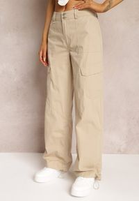 Renee - Beżowe Bawełniane Spodnie z Gumeczkami Przy Nogawkach Moye. Kolor: beżowy. Materiał: bawełna