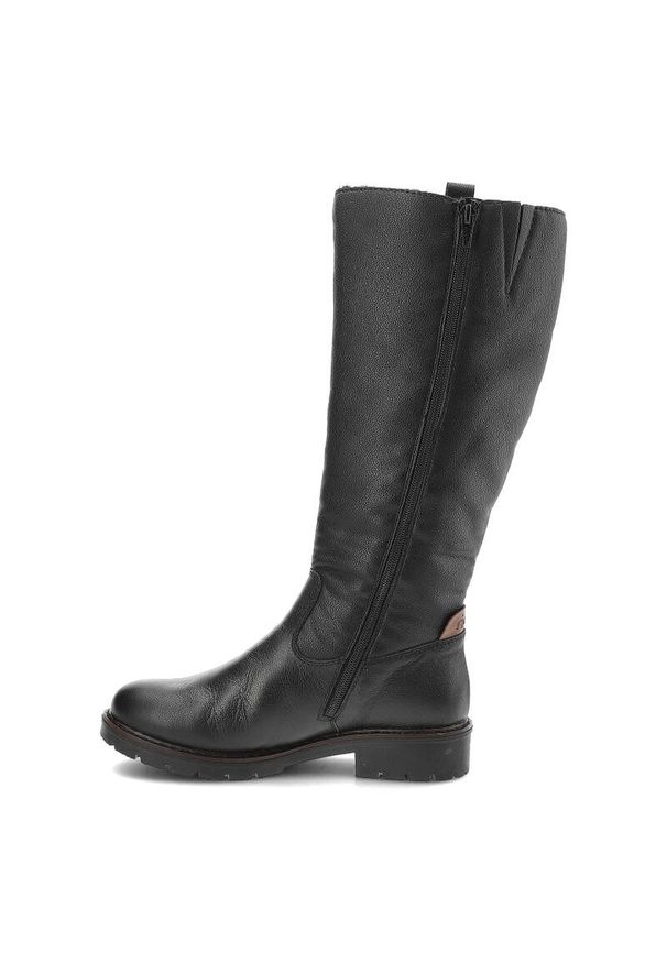 Czarne Kozaki Rieker Ocieplane Buty Damskie. Kolor: czarny. Materiał: futro, skóra, syntetyk. Szerokość cholewki: normalna. Wzór: aplikacja