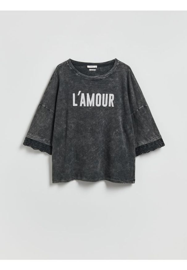 Reserved - T-shirt z rękawami 3/4 - ciemnoszary. Kolor: szary. Materiał: dzianina, bawełna