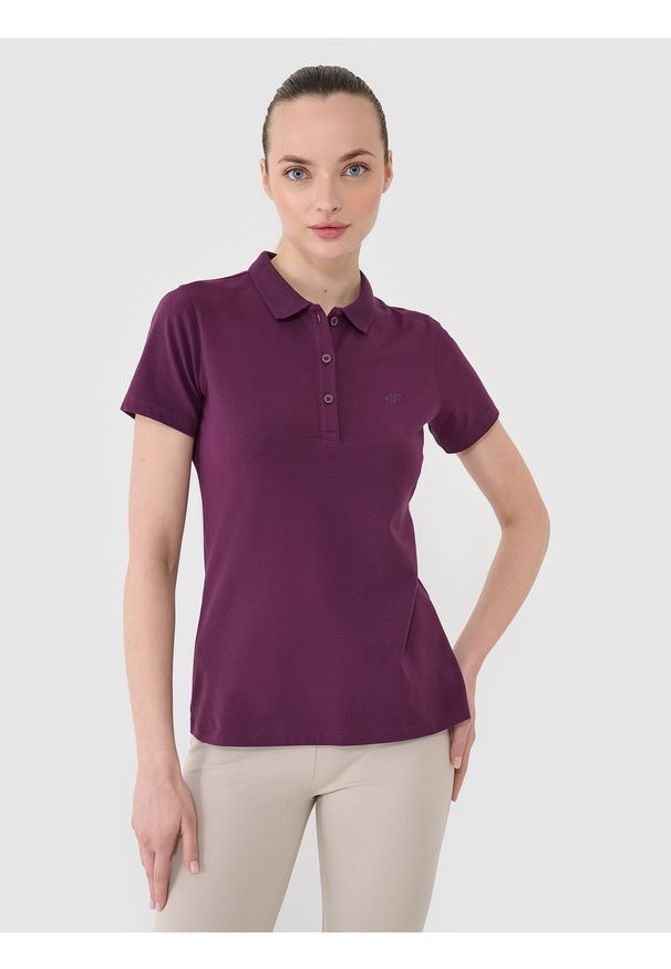 4f - 4F Koszulka polo slim damska - fioletowa L. Okazja: na co dzień. Typ kołnierza: polo. Kolor: fioletowy. Materiał: materiał, bawełna, jersey, dzianina, elastan. Długość rękawa: krótki rękaw. Długość: krótkie. Wzór: ze splotem, jednolity, gładki. Styl: sportowy, klasyczny, casual