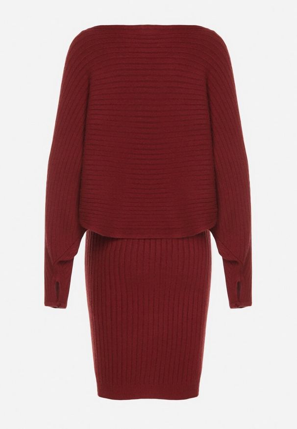 Born2be - Bordowy Dzianinowy Komplet Prążkowany Sukienka i Sweter o Kroju Nietoperz Wederela. Kolor: czerwony. Materiał: dzianina, prążkowany