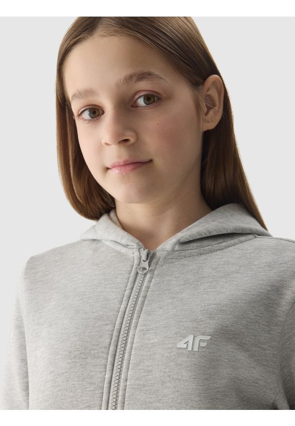 4f - 4F Bluza dresowa rozpinana z kapturem dziewczęca - szara 146 (10-11 lat). Okazja: na co dzień. Typ kołnierza: kaptur. Kolor: szary. Materiał: dresówka. Wzór: gładki, ze splotem. Sezon: lato. Styl: casual, sportowy
