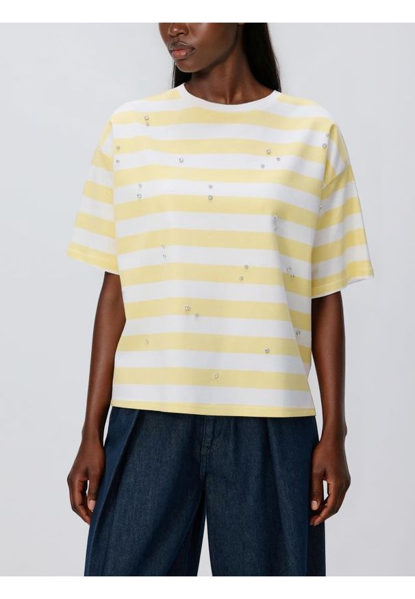 Reserved - Bawełniany t-shirt z aplikacją - żółty. Kolor: żółty. Materiał: bawełna. Wzór: aplikacja