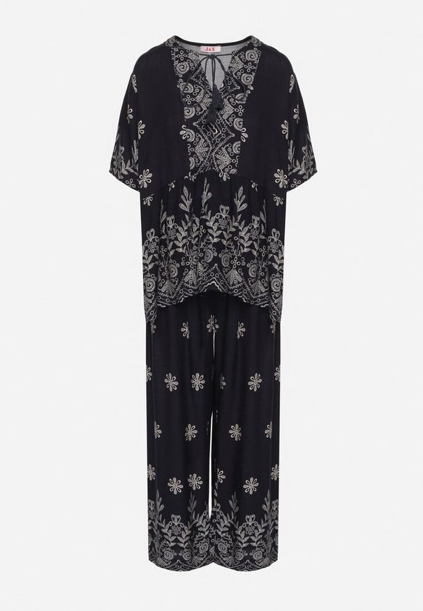 Born2be - Granatowy Wiskozowy Komplet Bluzka z Wiązaniem i Spodnie Lunavelia. Kolor: niebieski. Materiał: wiskoza