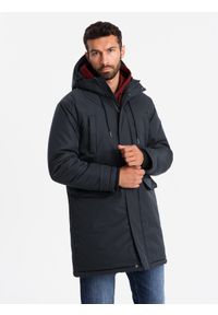 Ombre Clothing - Klasyczna długa męska kurtka typu parka – czarna V6 - Rozmiar: S. Typ kołnierza: kaptur. Kolor: czarny. Materiał: guma, syntetyk, poliester, materiał. Długość: długie. Wzór: gładki, aplikacja. Styl: klasyczny